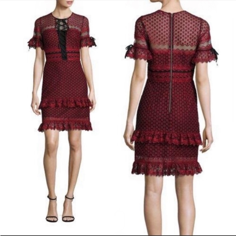 PARKER Emilia Red Black Lace Ruffle Dress
